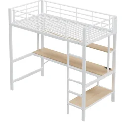 Generique Lit mezzanine 90x200 cm avec bureau intégré, étagères, LED et prise USB, lit ado/enfant gain de place - métal blanc - sans matelas