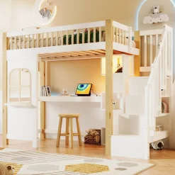 Okwish Lit Mezzanine 90x200 cm avec Bureau, LED et Escalier de Rangement - Sans Matelas - Pin et MDF - Blanc et Naturel