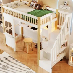 Okwish Lit Mezzanine 90x200 cm avec Bureau, LED et Escalier de Rangement - Sans Matelas - Pin et MDF - Blanc et Naturel