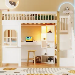 Okwish Lit Mezzanine 90x200 cm avec Bureau, LED et Escalier de Rangement - Sans Matelas - Pin et MDF - Blanc et Naturel