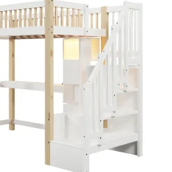 Okwish Lit Mezzanine 90x200 cm avec Bureau, LED et Escalier de Rangement - Sans Matelas - Pin et MDF - Blanc et Naturel