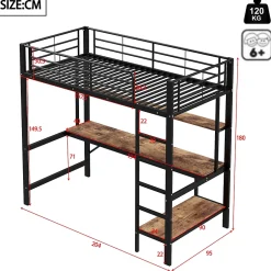 Okwish Lit mezzanine 90x200 cm avec bureau intégré, étagères, LED et prise USB - lit ado/enfant gain de place - métal noir - sans matelas Sale