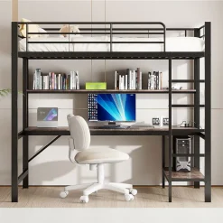 Okwish Lit mezzanine 90x200 cm avec bureau intégré, étagères, LED et prise USB - lit ado/enfant gain de place - métal noir - sans matelas Sale