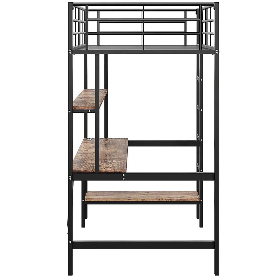 Okwish Lit mezzanine 90x200 cm avec bureau intégré, étagères, LED et prise USB - lit ado/enfant gain de place - métal noir - sans matelas Sale