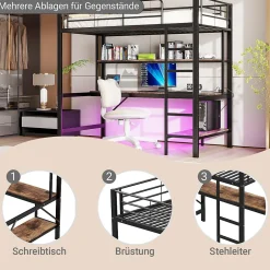 Okwish Lit mezzanine 90x200 cm avec bureau intégré, étagères, LED et prise USB - lit ado/enfant gain de place - métal noir - sans matelas Sale
