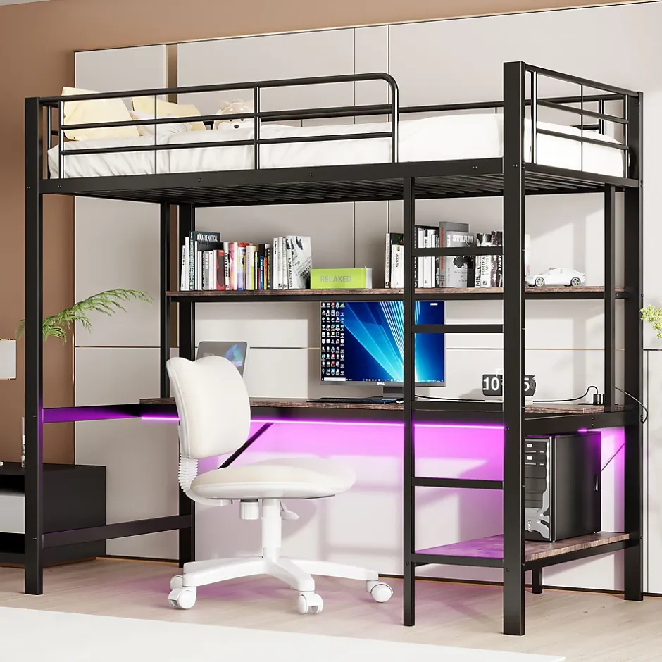 Okwish Lit mezzanine 90x200 cm avec bureau intégré, étagères, LED et prise USB - lit ado/enfant gain de place - métal noir - sans matelas Sale
