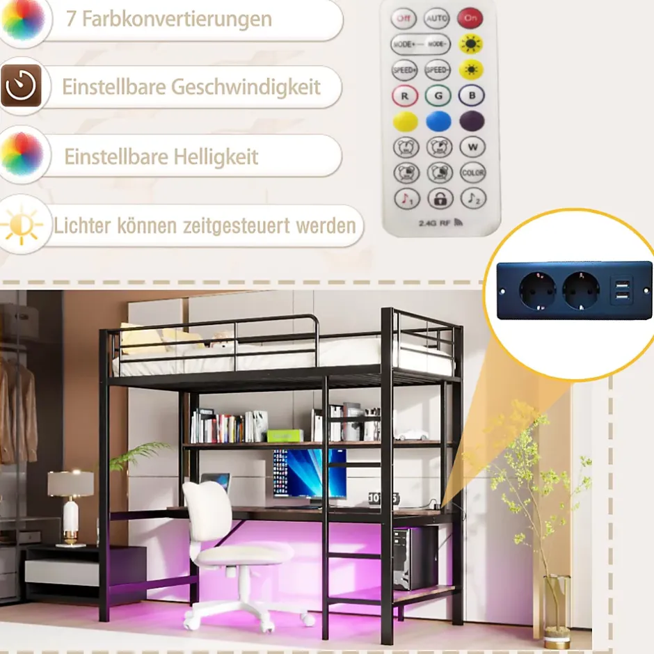 Okwish Lit mezzanine 90x200 cm avec bureau intégré, étagères, LED et prise USB - lit ado/enfant gain de place - métal noir - sans matelas Sale