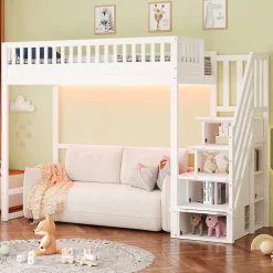 ModernLuxe Lit mezzanine 90x200 cm avec échelle de sécurité - avec barrières de sécurité - lumières LED - blanc (sans matelas)