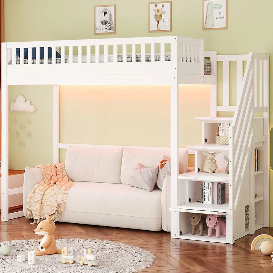 ModernLuxe Lit mezzanine 90x200 cm avec échelle de sécurité - avec barrières de sécurité - lumières LED - blanc (sans matelas)