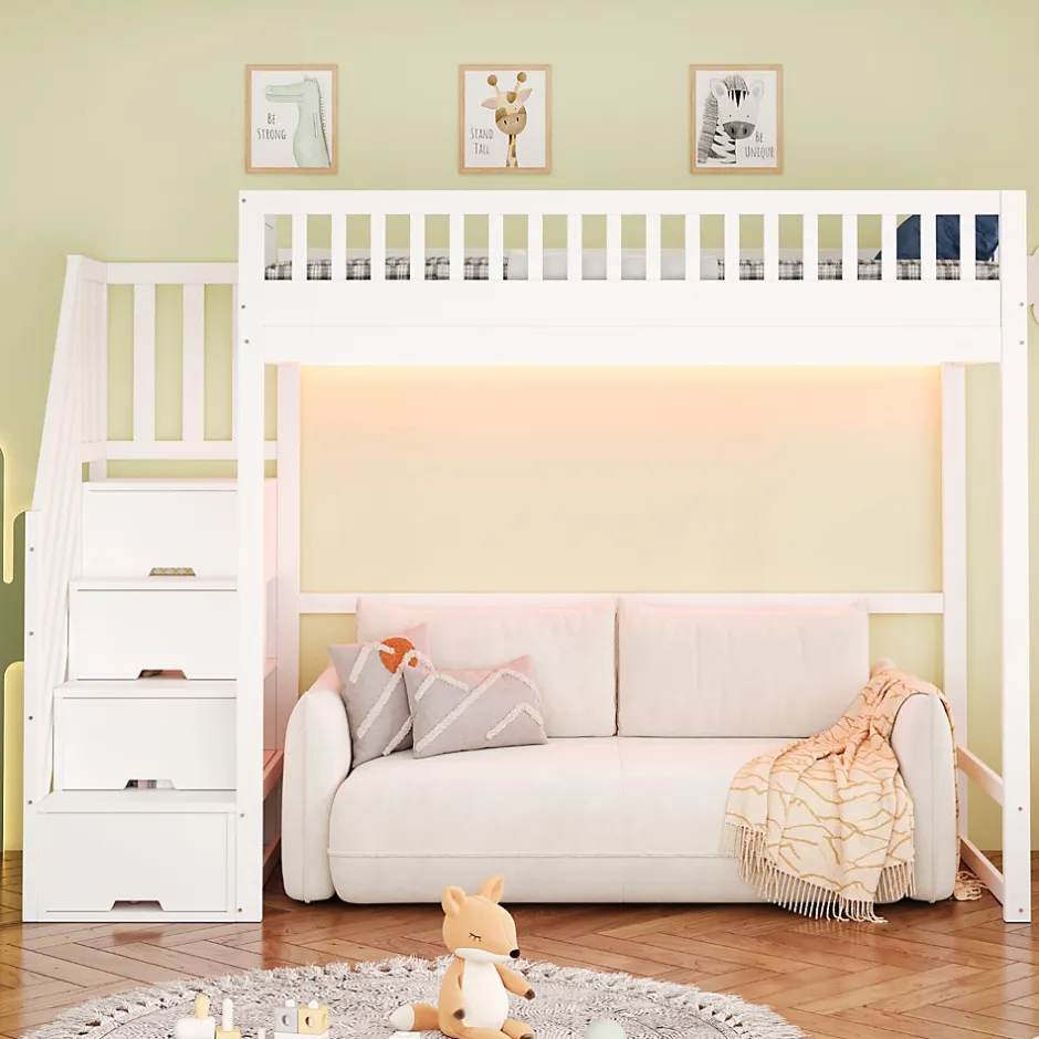 ModernLuxe Lit mezzanine 90x200 cm avec échelle de sécurité - avec barrières de sécurité - lumières LED - blanc (sans matelas)
