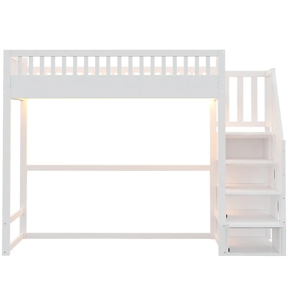 ModernLuxe Lit mezzanine 90x200 cm avec échelle de sécurité - avec barrières de sécurité - lumières LED - blanc (sans matelas)