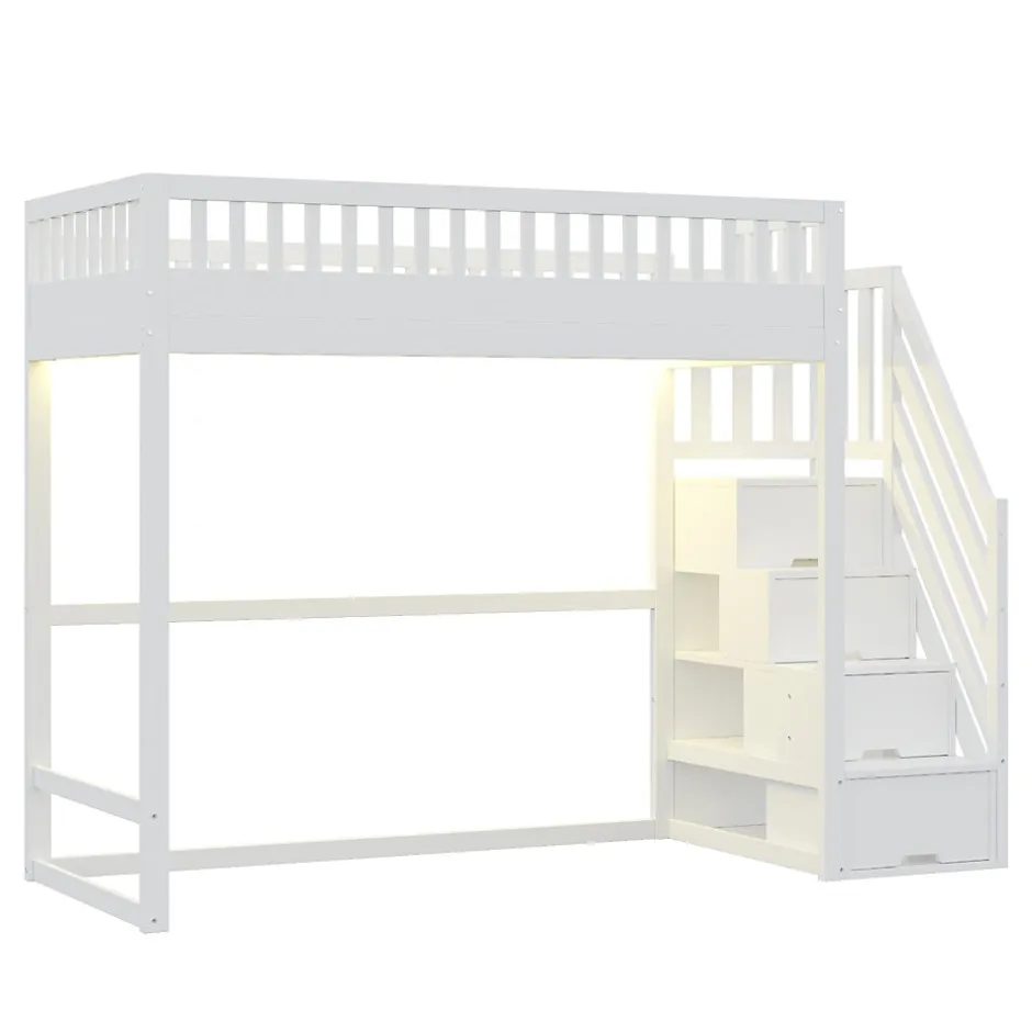 ModernLuxe Lit mezzanine 90x200 cm avec échelle de sécurité - avec barrières de sécurité - lumières LED - blanc (sans matelas)