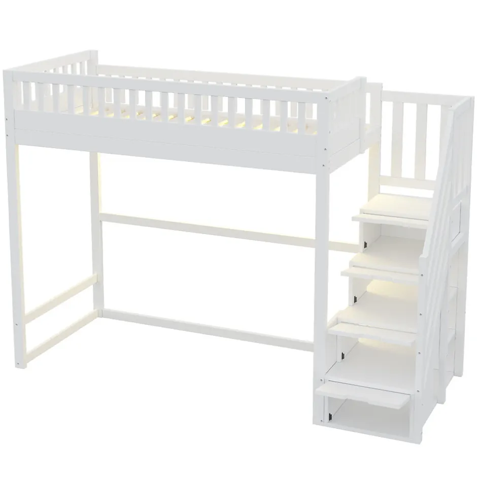 ModernLuxe Lit mezzanine 90x200 cm avec échelle de sécurité - avec barrières de sécurité - lumières LED - blanc (sans matelas)
