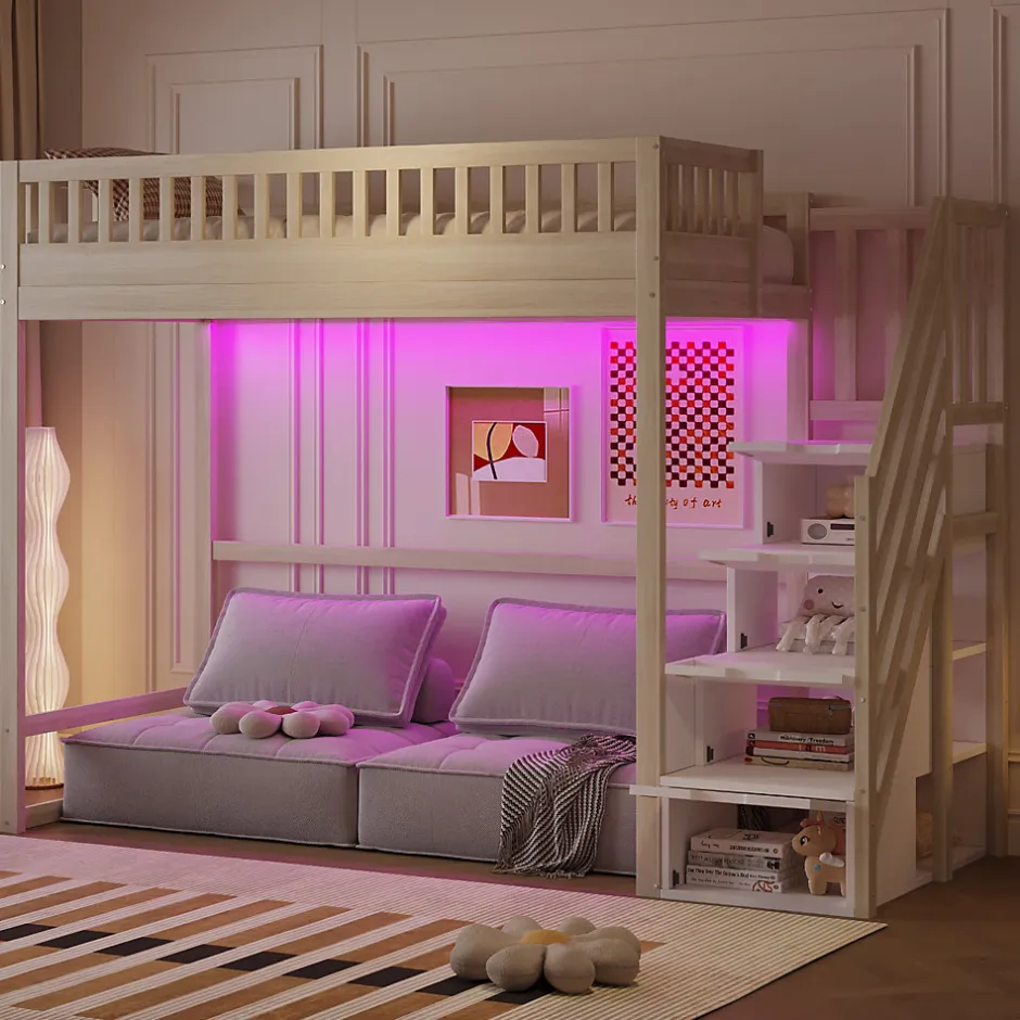 ModernLuxe Lit mezzanine 90x200 cm avec échelle de sécurité - avec barrières de sécurité - lumières LED - naturel(sans matelas)