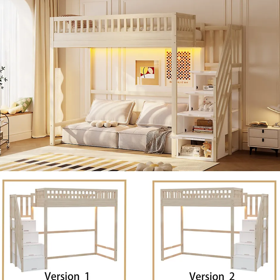 ModernLuxe Lit mezzanine 90x200 cm avec échelle de sécurité - avec barrières de sécurité - lumières LED - naturel(sans matelas)