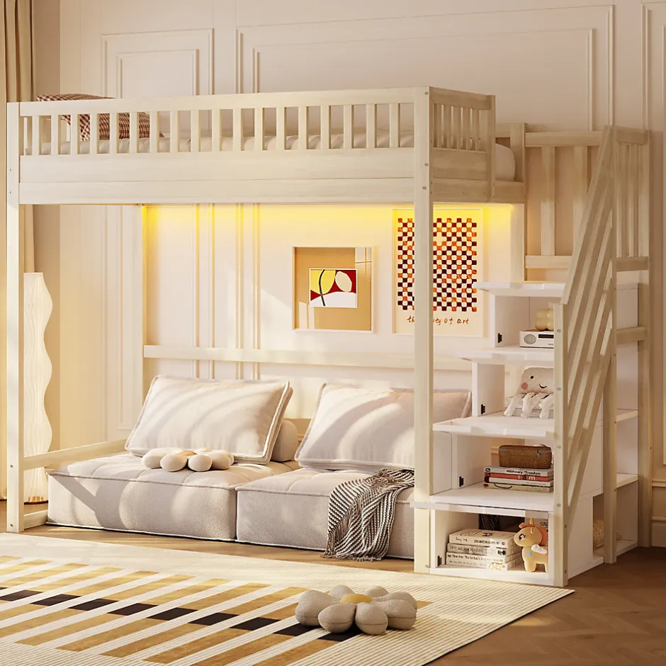 ModernLuxe Lit mezzanine 90x200 cm avec échelle de sécurité - avec barrières de sécurité - lumières LED - naturel(sans matelas)