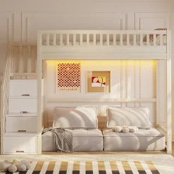 ModernLuxe Lit mezzanine 90x200 cm avec échelle de sécurité - avec barrières de sécurité - lumières LED - naturel(sans matelas)