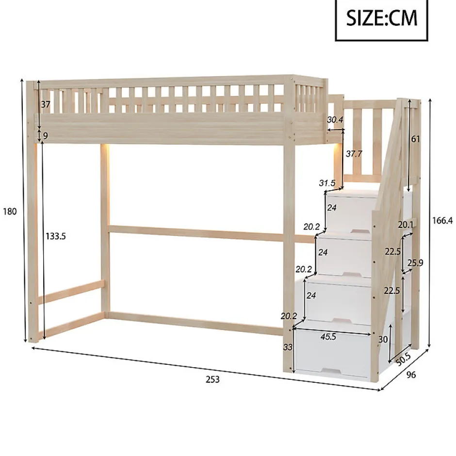 ModernLuxe Lit mezzanine 90x200 cm avec échelle de sécurité - avec barrières de sécurité - lumières LED - naturel(sans matelas)