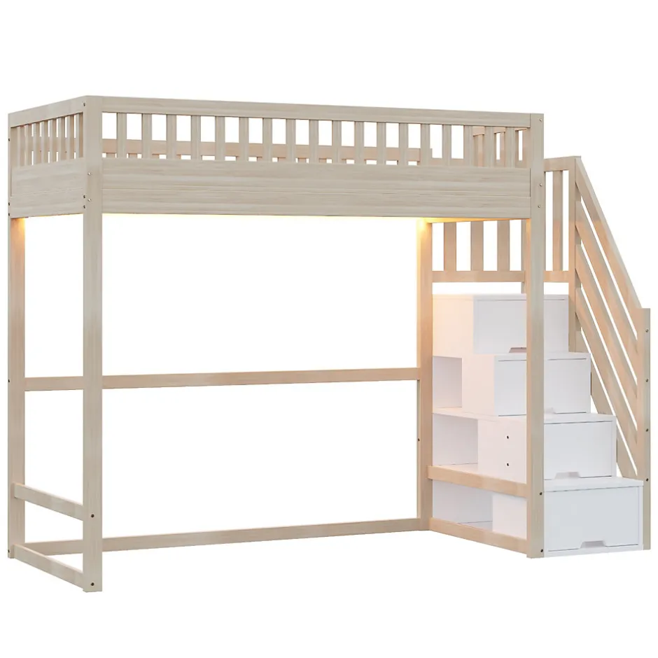 ModernLuxe Lit mezzanine 90x200 cm avec échelle de sécurité - avec barrières de sécurité - lumières LED - naturel(sans matelas)