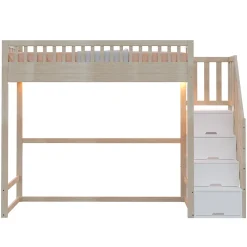 ModernLuxe Lit mezzanine 90x200 cm avec échelle de sécurité - avec barrières de sécurité - lumières LED - naturel(sans matelas)
