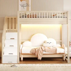 ModernLuxe Lit mezzanine 140x200 cm avec échelle de sécurité - avec barrières de sécurité - lumières LED - naturel(sans matelas)