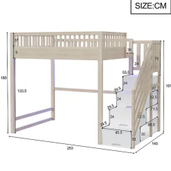 ModernLuxe Lit mezzanine 140x200 cm avec échelle de sécurité - avec barrières de sécurité - lumières LED - naturel(sans matelas)