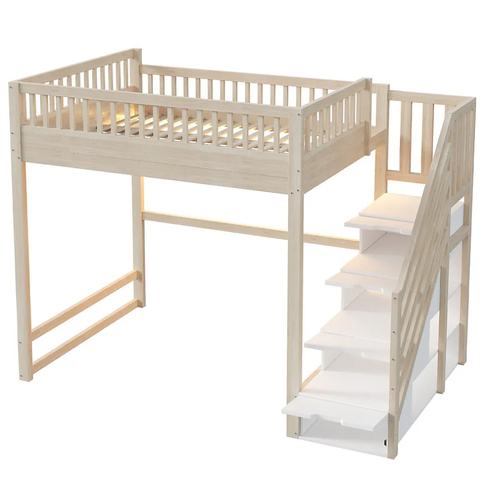 ModernLuxe Lit mezzanine 140x200 cm avec échelle de sécurité - avec barrières de sécurité - lumières LED - naturel(sans matelas)