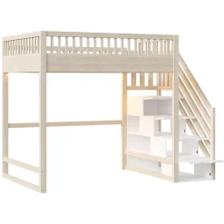 ModernLuxe Lit mezzanine 140x200 cm avec échelle de sécurité - avec barrières de sécurité - lumières LED - naturel(sans matelas)