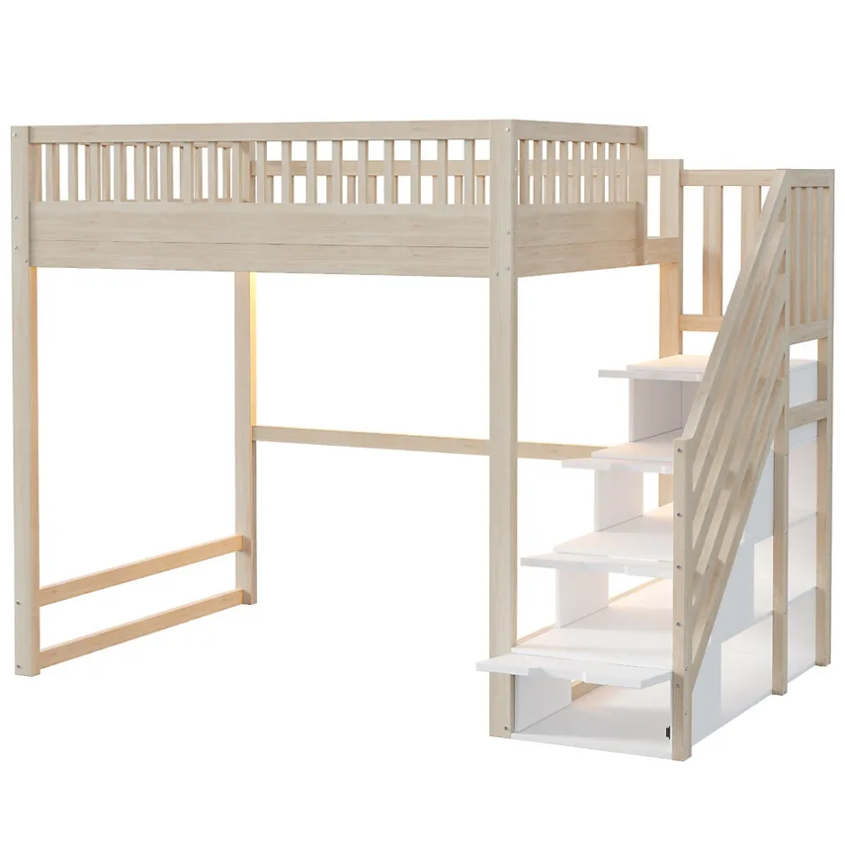 ModernLuxe Lit mezzanine 140x200 cm avec échelle de sécurité - avec barrières de sécurité - lumières LED - naturel(sans matelas)
