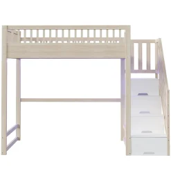 ModernLuxe Lit mezzanine 140x200 cm avec échelle de sécurité - avec barrières de sécurité - lumières LED - naturel(sans matelas)