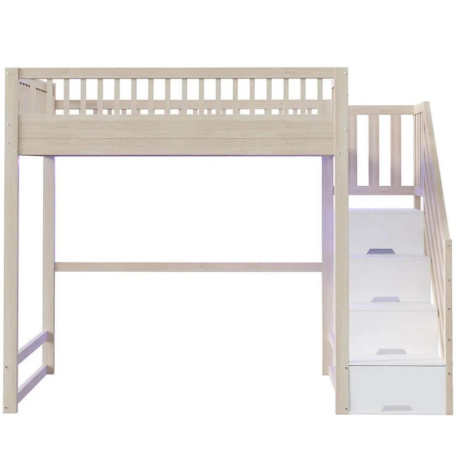ModernLuxe Lit mezzanine 140x200 cm avec échelle de sécurité - avec barrières de sécurité - lumières LED - naturel(sans matelas)