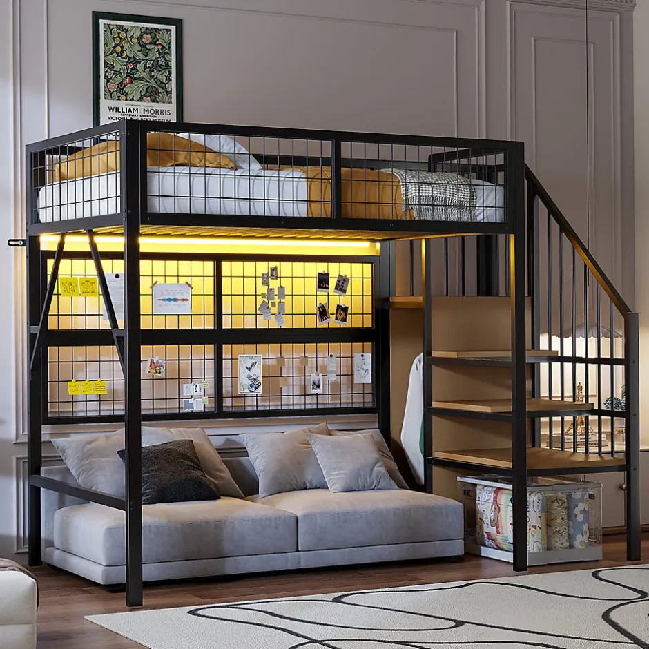 Enfant Redom Lit mezzanine 90x200 cm avec échelle à rangements et bande LED pilotable, structure métal noir