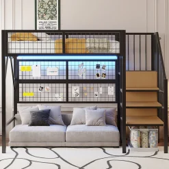 Enfant Redom Lit mezzanine 90x200 cm avec échelle à rangements et bande LED pilotable, structure métal noir