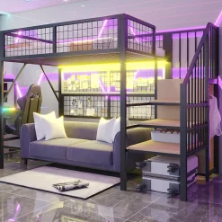 Enfant Redom Lit mezzanine 90x200 cm avec échelle à rangements et bande LED pilotable, structure métal noir