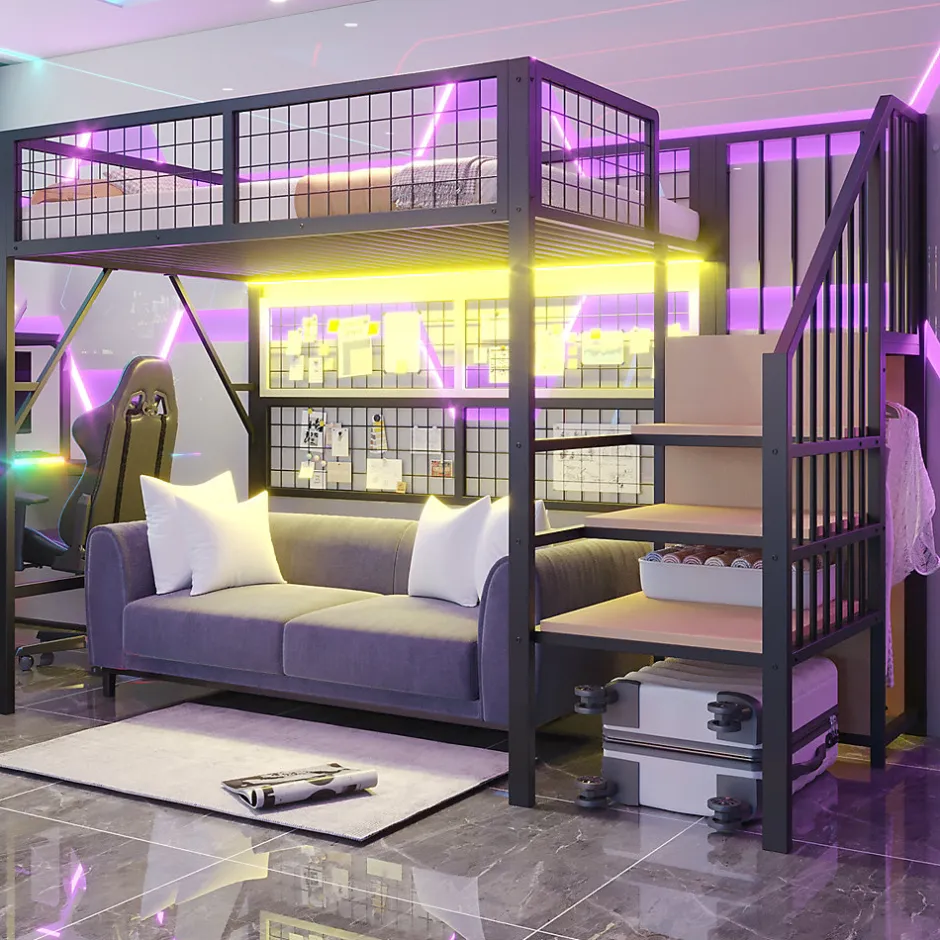 Enfant Redom Lit mezzanine 90x200 cm avec échelle à rangements et bande LED pilotable, structure métal noir