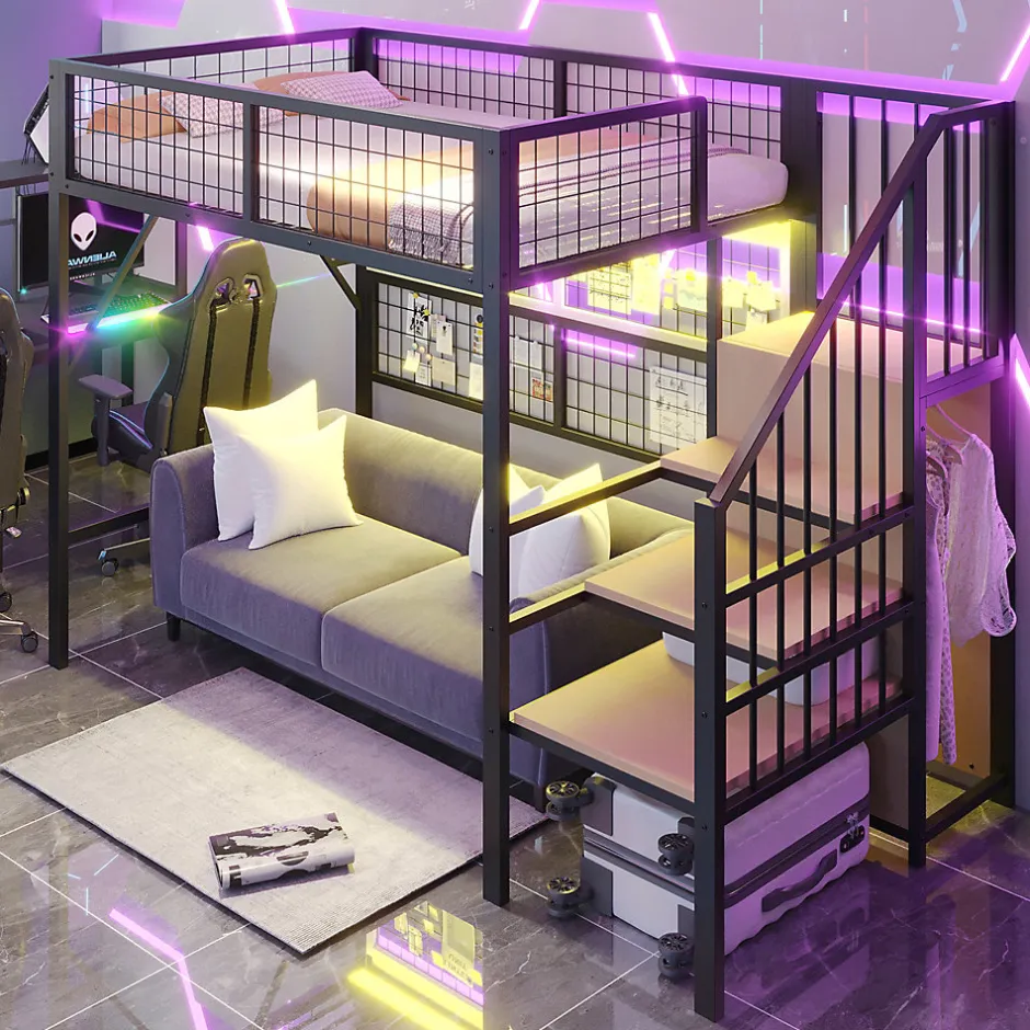 Enfant Redom Lit mezzanine 90x200 cm avec échelle à rangements et bande LED pilotable, structure métal noir