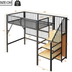 Enfant Redom Lit mezzanine 90x200 cm avec échelle à rangements et bande LED pilotable, structure métal noir
