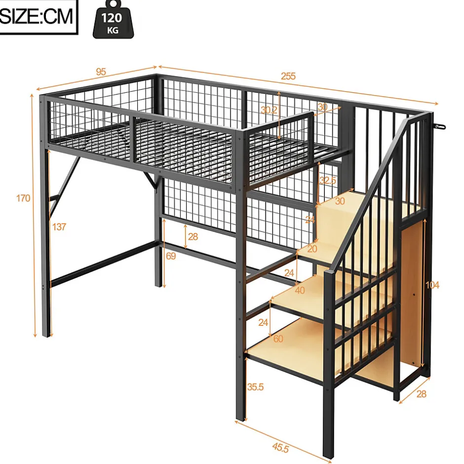 Enfant Redom Lit mezzanine 90x200 cm avec échelle à rangements et bande LED pilotable, structure métal noir