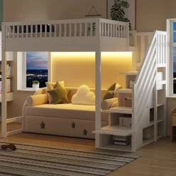 ModernLuxe Lit mezzanine 140x200 cm avec échelle de sécurité - avec barrières de sécurité - lumières LED - blanc (sans matelas) Best