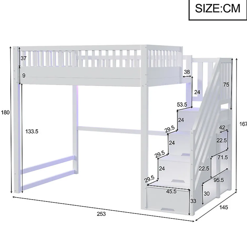 ModernLuxe Lit mezzanine 140x200 cm avec échelle de sécurité - avec barrières de sécurité - lumières LED - blanc (sans matelas) Best