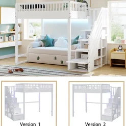 ModernLuxe Lit mezzanine 140x200 cm avec échelle de sécurité - avec barrières de sécurité - lumières LED - blanc (sans matelas) Best