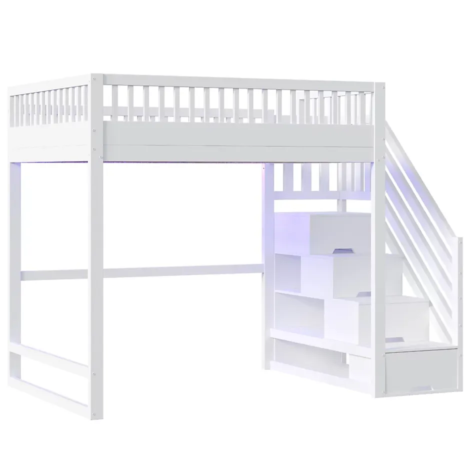 ModernLuxe Lit mezzanine 140x200 cm avec échelle de sécurité - avec barrières de sécurité - lumières LED - blanc (sans matelas) Best