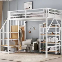 Okwish Lit mezzanine 90x200 cm avec escalier de rangement et étagères intégrées - métal et MDF - blanc + naturel - sans matelas Best