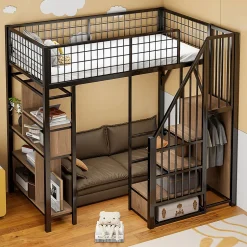 Enfant Redom Lit mezzanine 90x200 cm avec escalier coffre et grand espace sous le lit, structure métal/bois