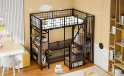 Enfant Redom Lit mezzanine 90x200 cm avec escalier coffre et grand espace sous le lit, structure métal/bois