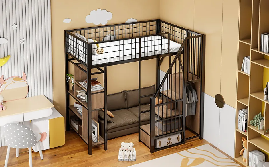 Enfant Redom Lit mezzanine 90x200 cm avec escalier coffre et grand espace sous le lit, structure métal/bois