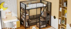 Enfant Redom Lit mezzanine 90x200 cm avec escalier coffre et grand espace sous le lit, structure métal/bois