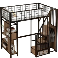 Enfant Redom Lit mezzanine 90x200 cm avec escalier coffre et grand espace sous le lit, structure métal/bois