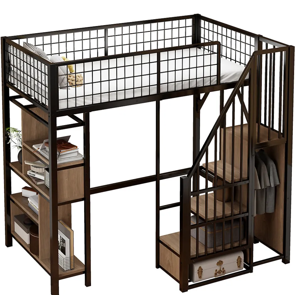 Enfant Redom Lit mezzanine 90x200 cm avec escalier coffre et grand espace sous le lit, structure métal/bois
