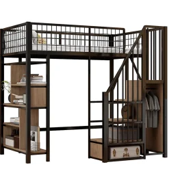 Enfant Redom Lit mezzanine 90x200 cm avec escalier coffre et grand espace sous le lit, structure métal/bois
